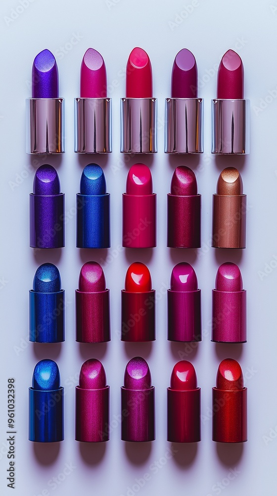 A white background with multiple vibrant lipsticks placed on it. A white background with multiple vibrant lipsticks placed on it.
