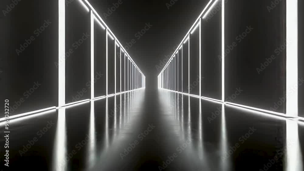 Black and white neon line, linear graphics leading to the center