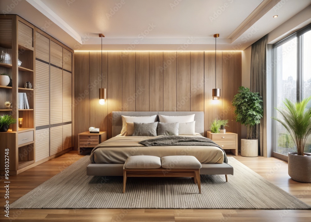 Minimalist bedroom interior featuring stylish wooden furniture, cozy fabrics, and warm lighting