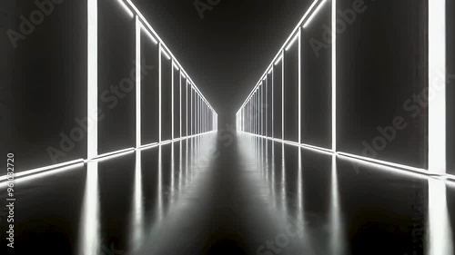 Black and white neon line, linear graphics leading to the center