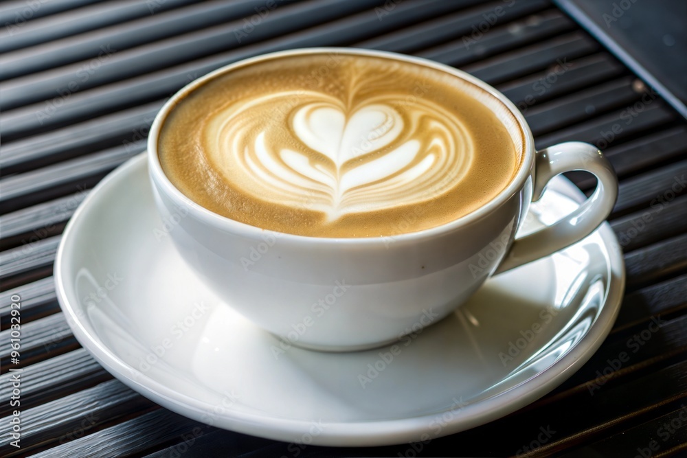 Cup of latte art with heart design on wooden table Cup of latte art with heart design on wooden table