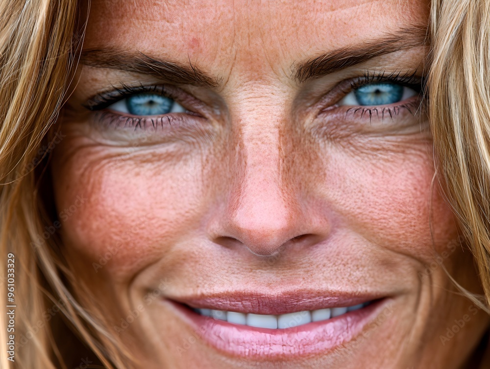 Closeup Portrait of a Woman Smiling with Blue Eyes and Blonde Hair Closeup Portrait of a Woman Smiling with Blue Eyes and Blonde Hair