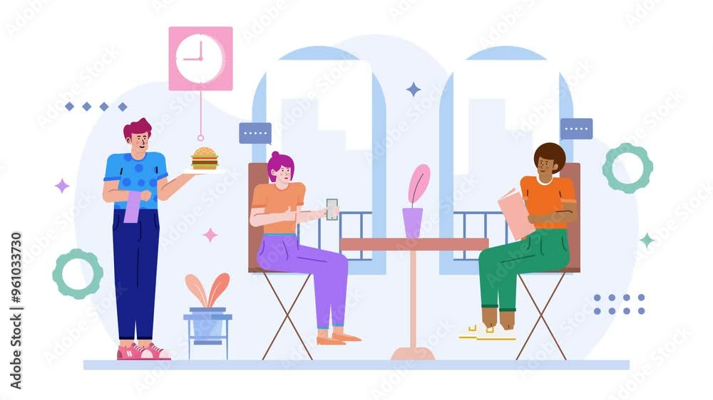 People enjoying food and drinks at cafes or restaurants illustration business animated video People enjoying food and drinks at cafes or restaurants illustration business animated video