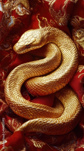 A stunning golden snake elegantly coiled on luxurious red fabric, showcasing its mesmerizing scales and unique beauty.