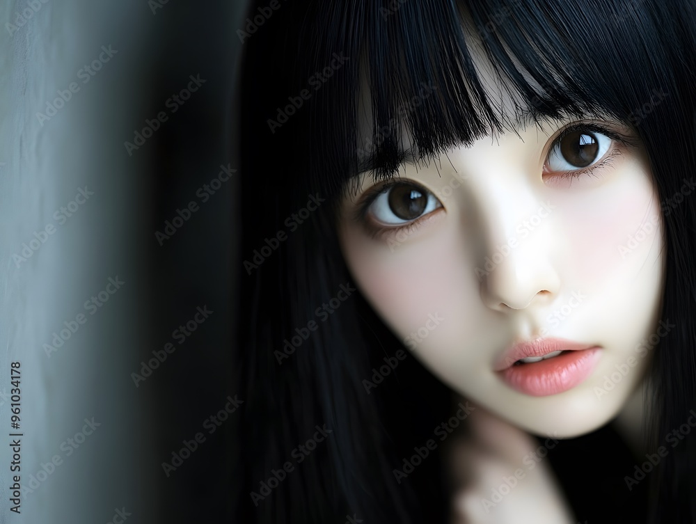 Fototapeta premium Close up Portrait of Young Woman with Black Hair and Brown Eyes