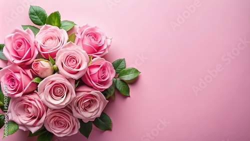 Bouquet of pink roses with leaves on a soft pink background, perfect for feminine and romantic designs