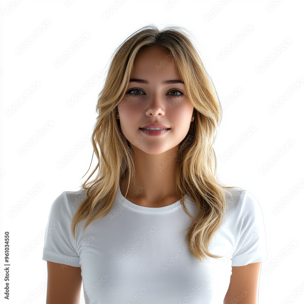 Portrait of a smiling young woman with blonde hair, wearing a white t-shirt, isolated on a white background. Portrait of a smiling young woman with blonde hair, wearing a white t-shirt, isolated on a white background.