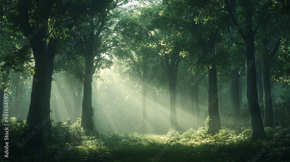 Obraz premium Sunlight beams through the trees of a misty forest.