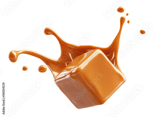 Splash of caramel with cube isolated on transparent background photo