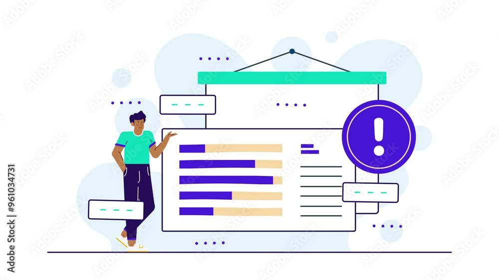 a young person analyzing data on a digital infographic with charts and exclamation icon illustration illustration business animated video a young person analyzing data on a digital infographic with charts and exclamation icon illustration illustration business animated video