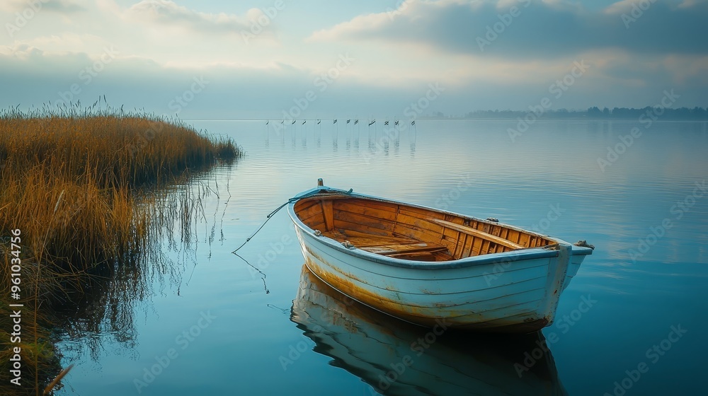 Wooden Rowboat on Calm Lake with Fog and Reeds Wooden Rowboat on Calm Lake with Fog and Reeds