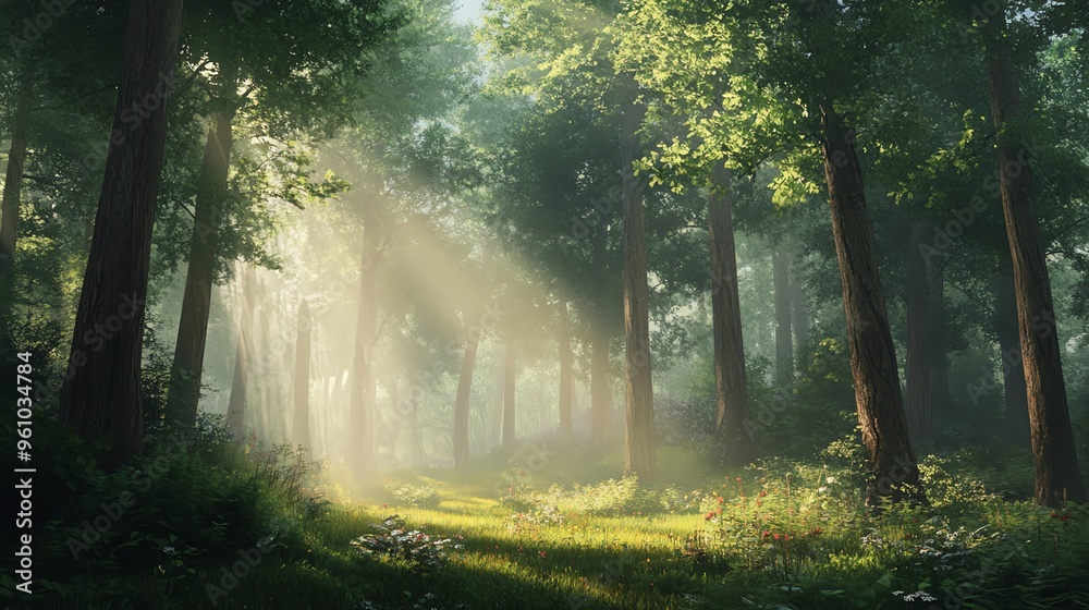 Obraz premium Sunbeams pierce through the trees in a misty forest, creating a magical atmosphere.