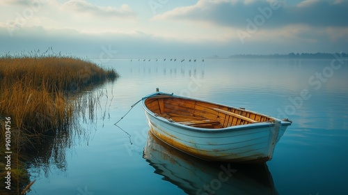 Wooden Rowboat on Calm Lake with Fog and Reeds photo