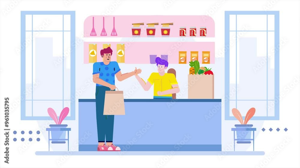 Friendly interaction at a grocery store checkout illustration illustration business animated video