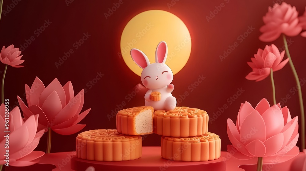 Chinese Mid-Autumn Festival concept made from funny bunny and mooncakes Chinese Mid-Autumn Festival concept made from funny bunny and mooncakes