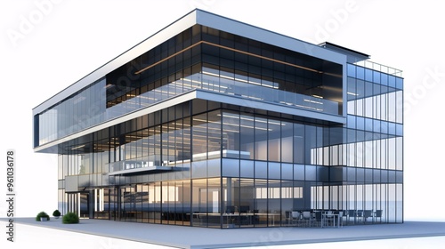 3D model of a modern office building with glass walls and sleek design