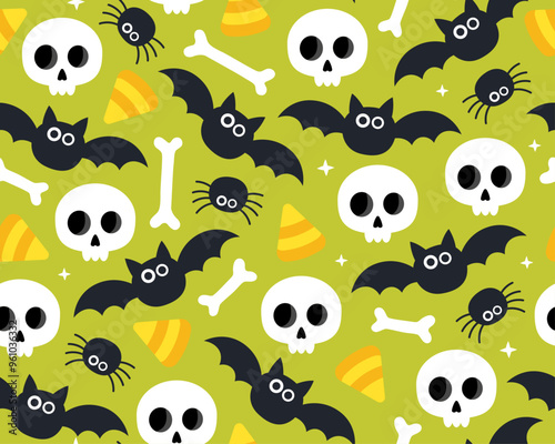 Halloween seamless pattern. Cute skulls, bones, spiders, bats and corn candies on a green background. Spooky, festive, funny pattern for wrapping paper, textile.