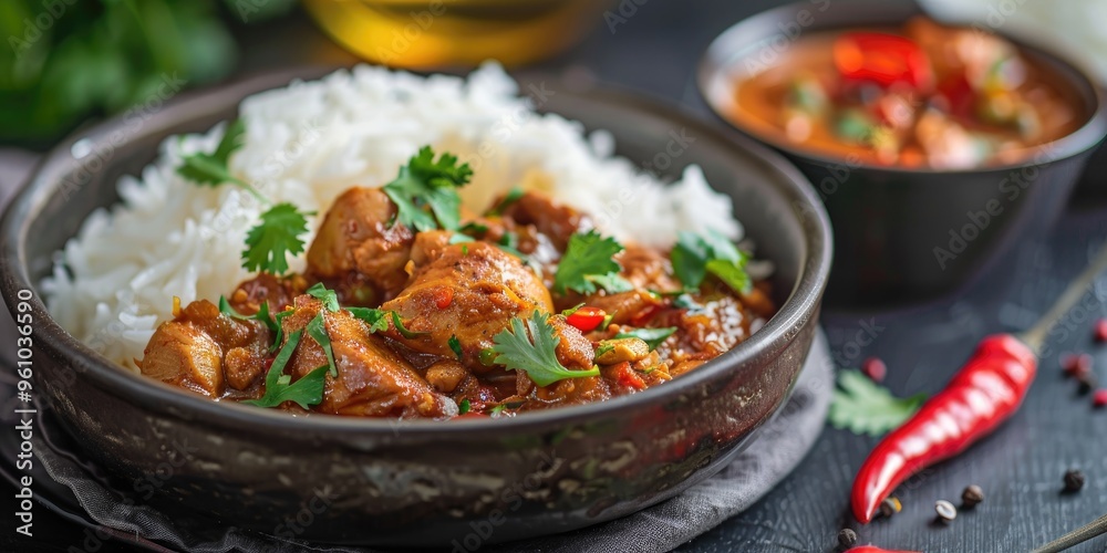 Spiced Chicken Curry Accompanied by Light Rice Spiced Chicken Curry Accompanied by Light Rice