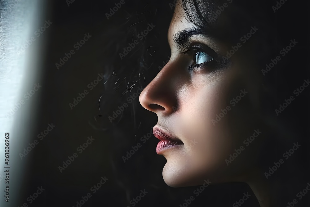 Closeup Profile Portrait of Woman Looking Out Window Closeup Profile Portrait of Woman Looking Out Window
