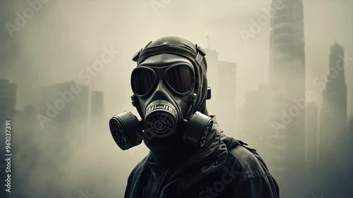 A man wearing a gas mask looks out over a smog-filled city	 photo