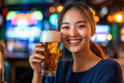 Young Asian woman with high ponytail, dressed in dark blue, sipping beer and smiling at the camera in a vibrant bar environment with a blurred nightclub background and copy space on the right.