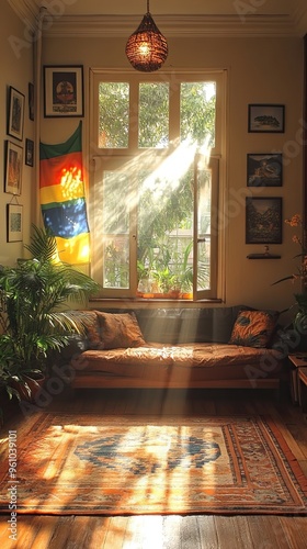 Interior of house with light coming through window 