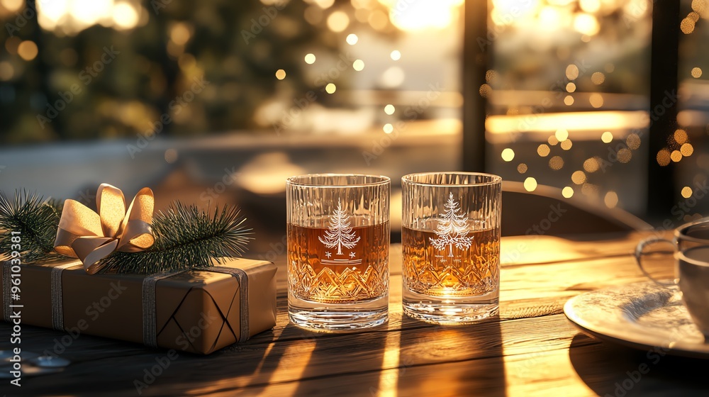 Two festive glasses filled with amber liquid, surrounded by Christmas decorations and warm light, perfect for holiday celebrations.