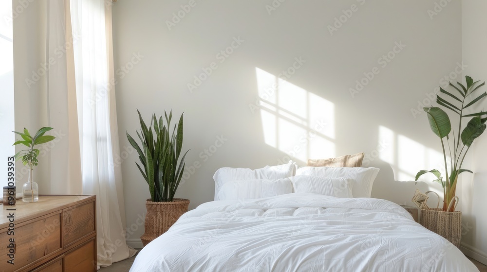 Plant placement in simple bedroom design between white bed and wooden cupboard Plant placement in simple bedroom design between white bed and wooden cupboard