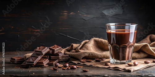 Dark background with glass of chocolate and scattered pieces on tablecloth photo