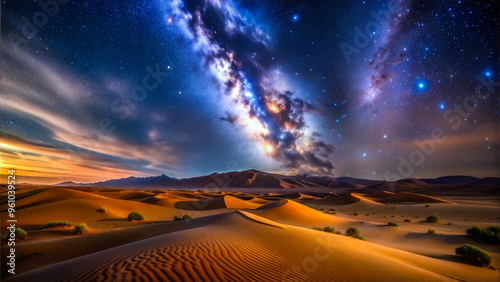 Sahara Desert with this breathtaking nightscape. Vast sand dunes stretch across the horizon, The Milky Way arches gracefully. photo