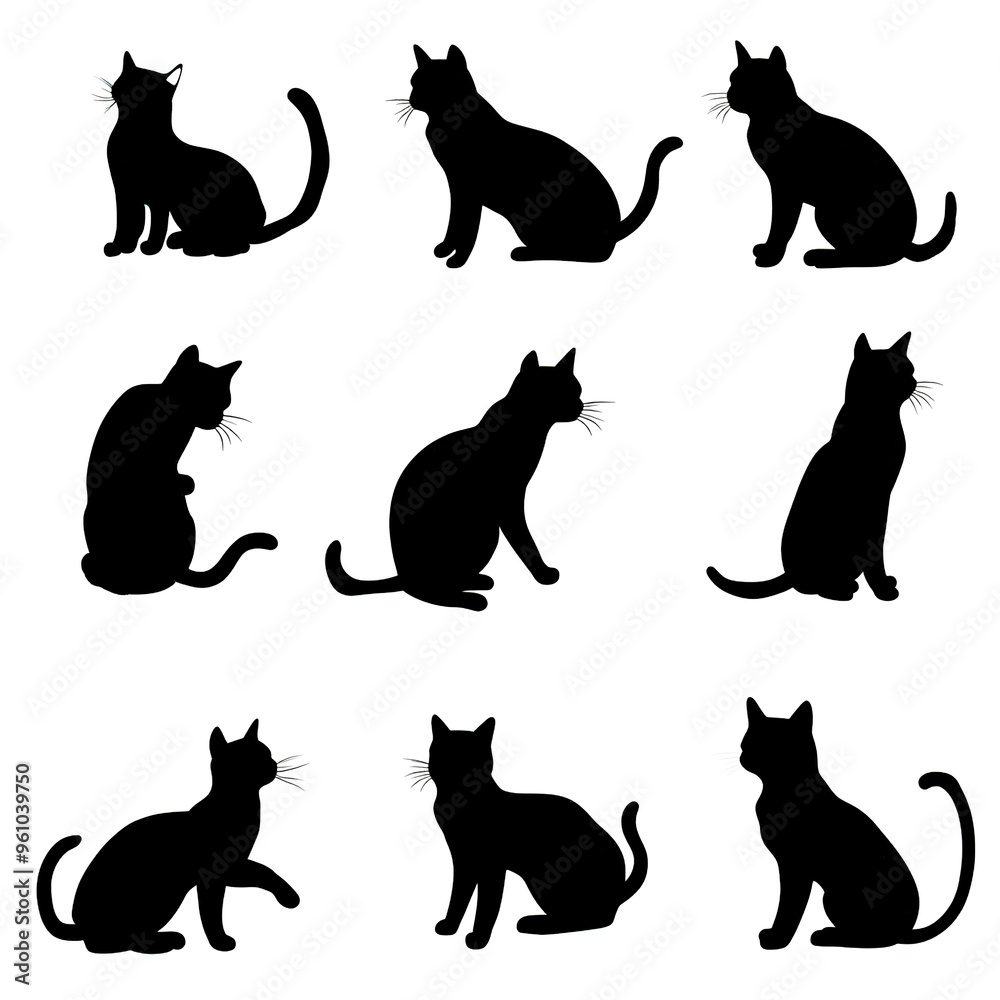 Diverse Silhouettes of Cats in Different Poses on White Background Diverse Silhouettes of Cats in Different Poses on White Background