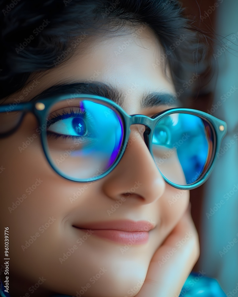 Close up Portrait of Young Woman Wearing Blue Glasses Close up Portrait of Young Woman Wearing Blue Glasses