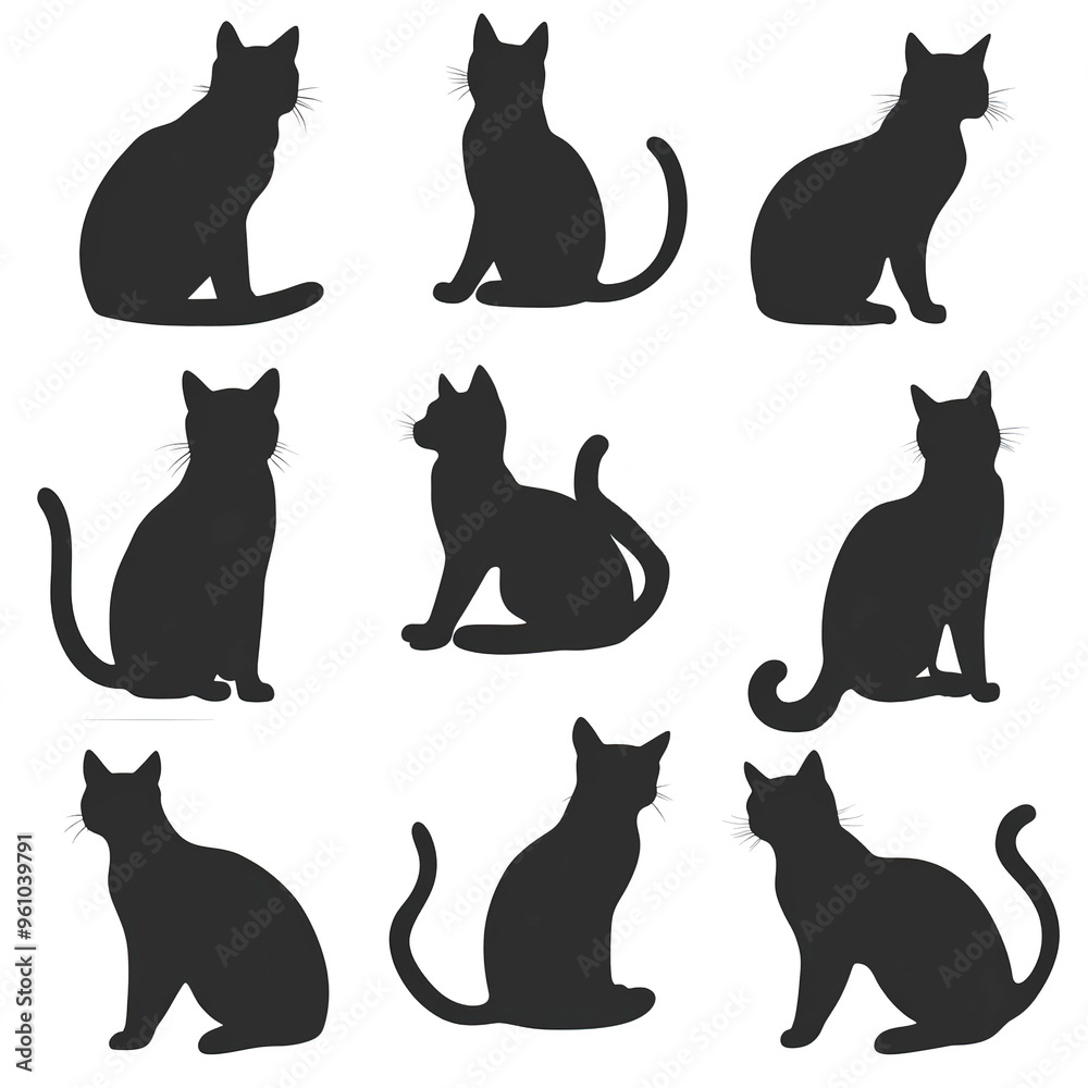 Silhouettes of cats in various poses and positions on a white background. Silhouettes of cats in various poses and positions on a white background.