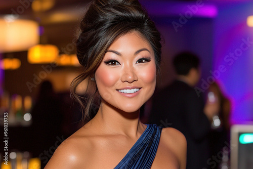 Attractive young Asian woman with high ponytail hairstyle, wearing a dark blue dress, enjoying a beer and smiling at the camera in a lively bar. Half-body shot with copy space on the right side and a 