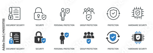 Security line and glyph solid icons collection. Minimal icon and symbol series vector illustration