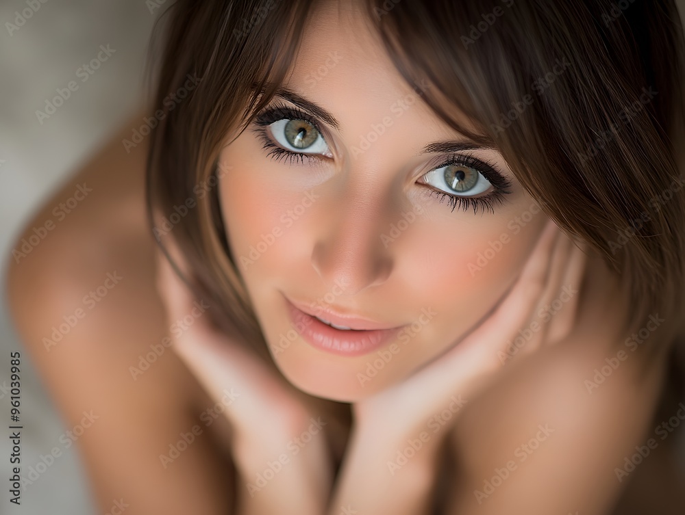 Beautiful Woman with Green Eyes and Long Brown Hair Looking Up Beautiful Woman with Green Eyes and Long Brown Hair Looking Up