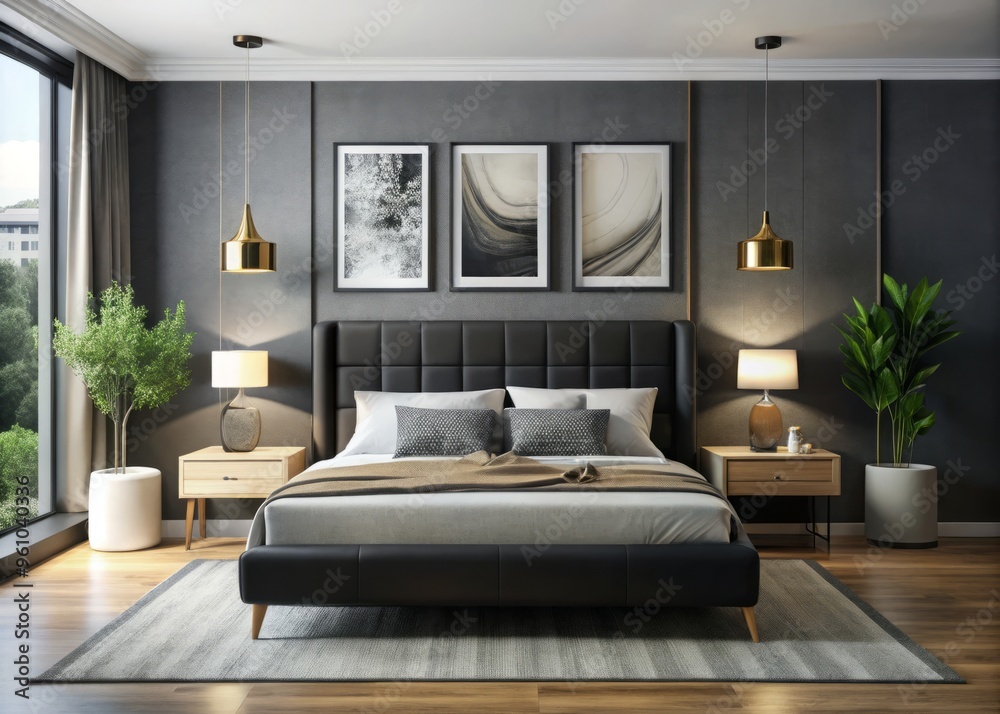 Modern canvas bed frame with black headboard in bedroom with nightstands and artwork Modern canvas bed frame with black headboard in bedroom with nightstands and artwork