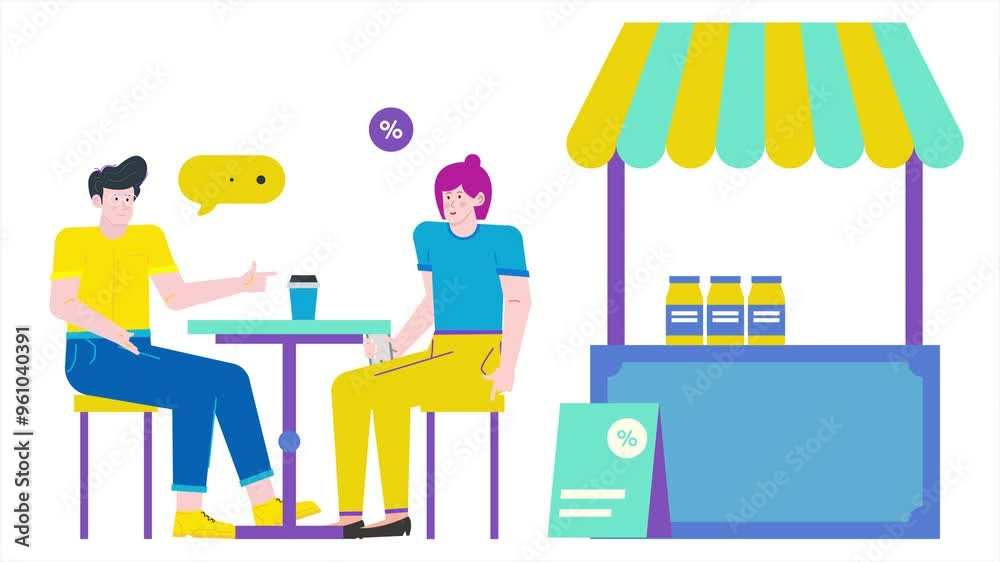 two people enjoying coffee conversation at an outdoor cafe with colorful decor and a sale promotion illustration illustration business animated video