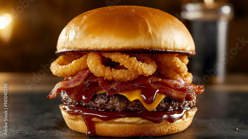 savory BBQ burger featuring crispy bacon, sharp cheddar cheese, and onion rings, all drizzled with BBQ sauce on a toasted bun