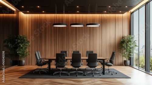 Front view of empty modern conference room with office desk and chairs, wooden walls and floor. 3D Rendering