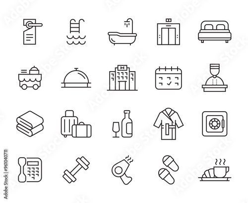Hotel Outline Icon Set for Hospitality Industry, Hotel Icon Set, Apartment Icon Set