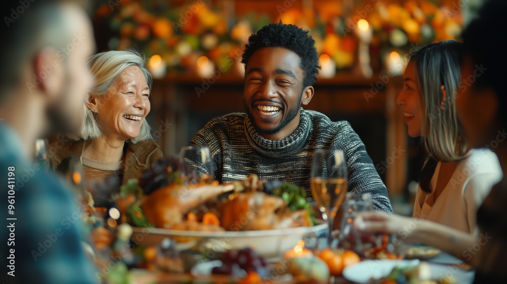 Mixed-race family laughing together at a modern Thanksgiving dinner. Mixed-race family laughing together at a modern Thanksgiving dinner.