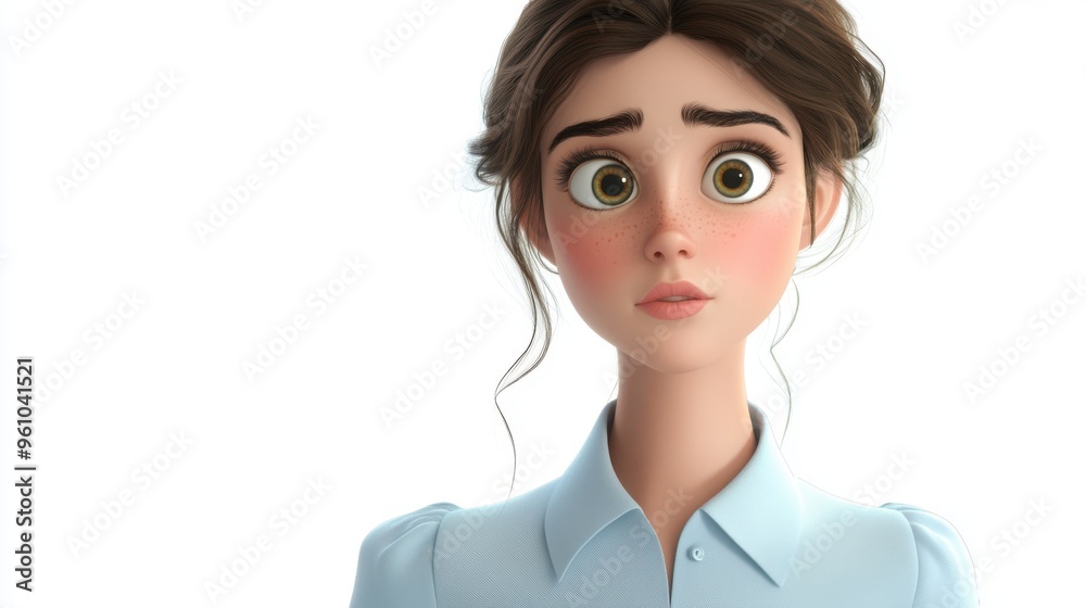 3D character close up portrait of a curious European woman in a pastel blue blouse, with raised eyebrows and a thoughtful expression, on a white backdrop, cartoon style, in the style of 3D design