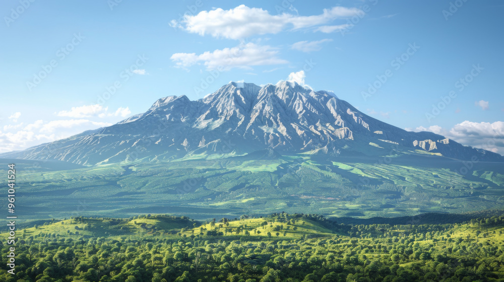 Picturesque mountain range covered in lush greenery with a clear blue sky and scattered clouds in the background. Picturesque mountain range covered in lush greenery with a clear blue sky and scattered clouds in the background.