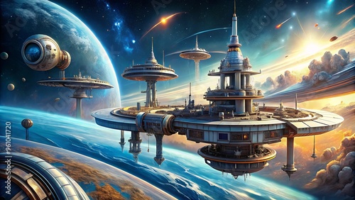 Fototapeta Naklejka Na Ścianę i Meble -  Detailed drawing of futuristic space stations in science fiction posters