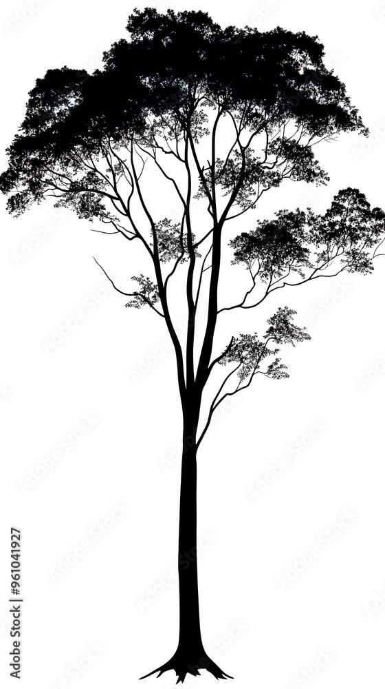 Obraz premium Silhouette of a tall tree with spreading branches and dense foliage illustration. isolate on white background