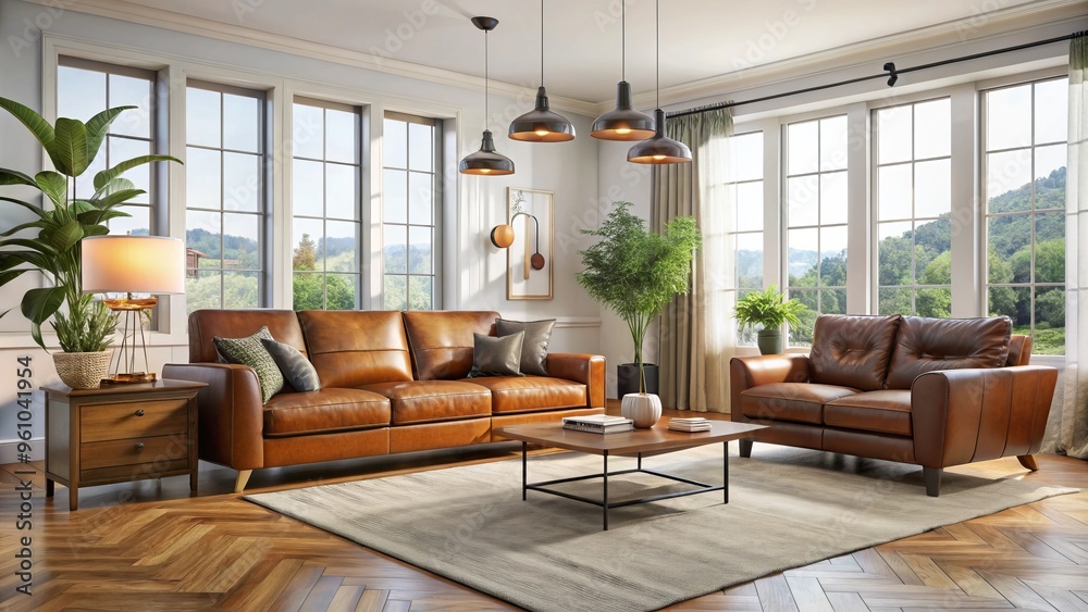 Modern leather sofa and armchair in a spacious, well-lit living room with a warm, inviting ambiance Modern leather sofa and armchair in a spacious, well-lit living room with a warm, inviting ambiance