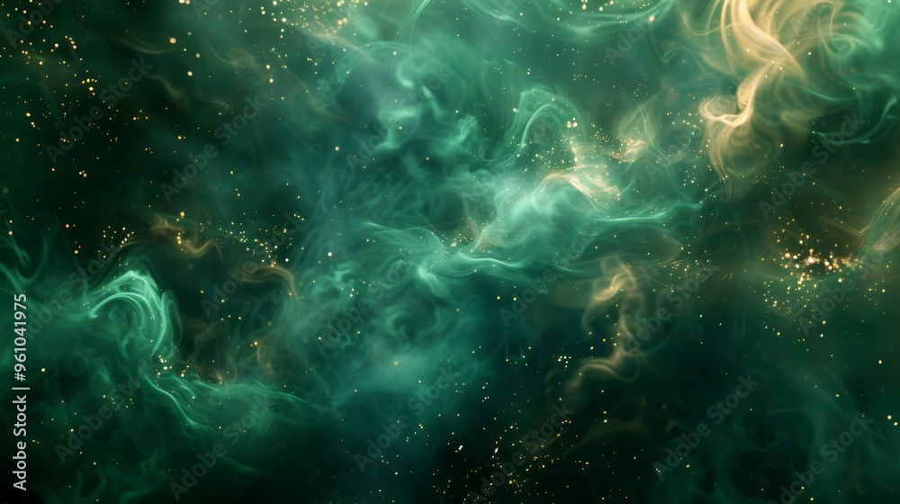 Photorealistic cosmic dark backgrouns, swirling emerald green smoke, golden sparks and glowing particles, dark space background, magical ethereal atmosphere, high-contrast lighting, ultra-detailed, 8k Photorealistic cosmic dark backgrouns, swirling emerald green smoke, golden sparks and glowing particles, dark space background, magical ethereal atmosphere, high-contrast lighting, ultra-detailed, 8k