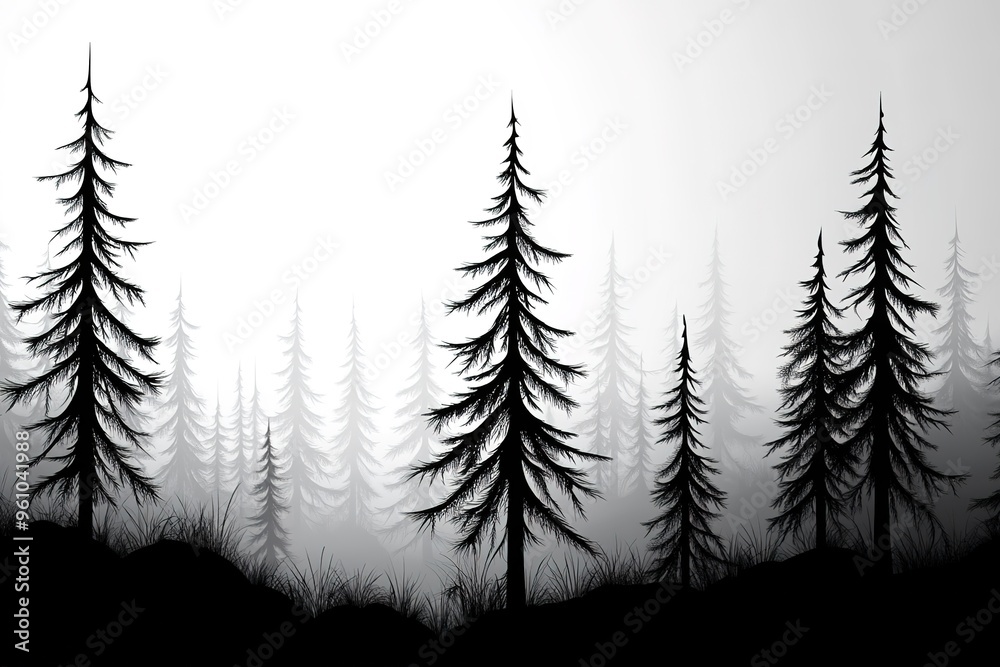 Obraz premium Stylized illustration of majestic forest silhouettes in a tranquil natural environment with evergreen pine trees and coniferous woodland, set against a serene black and white background 