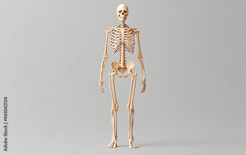 A highly detailed 3D model of the human skeletal system, standing on an isolated grey background, with room for educational labels on the side A highly detailed 3D model of the human skeletal system, standing on an isolated grey background, with room for educational labels on the side